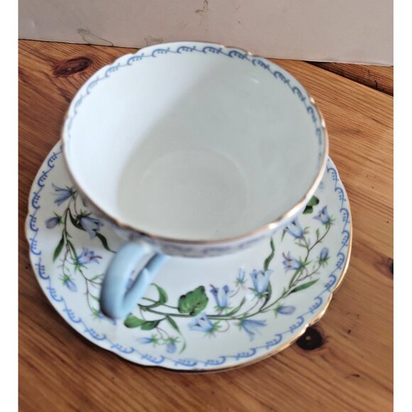 Shelley Harebell Pattern Oleander Blue & Green Henley Shaped Tea Cup and Saucer - Picture 5 of 12